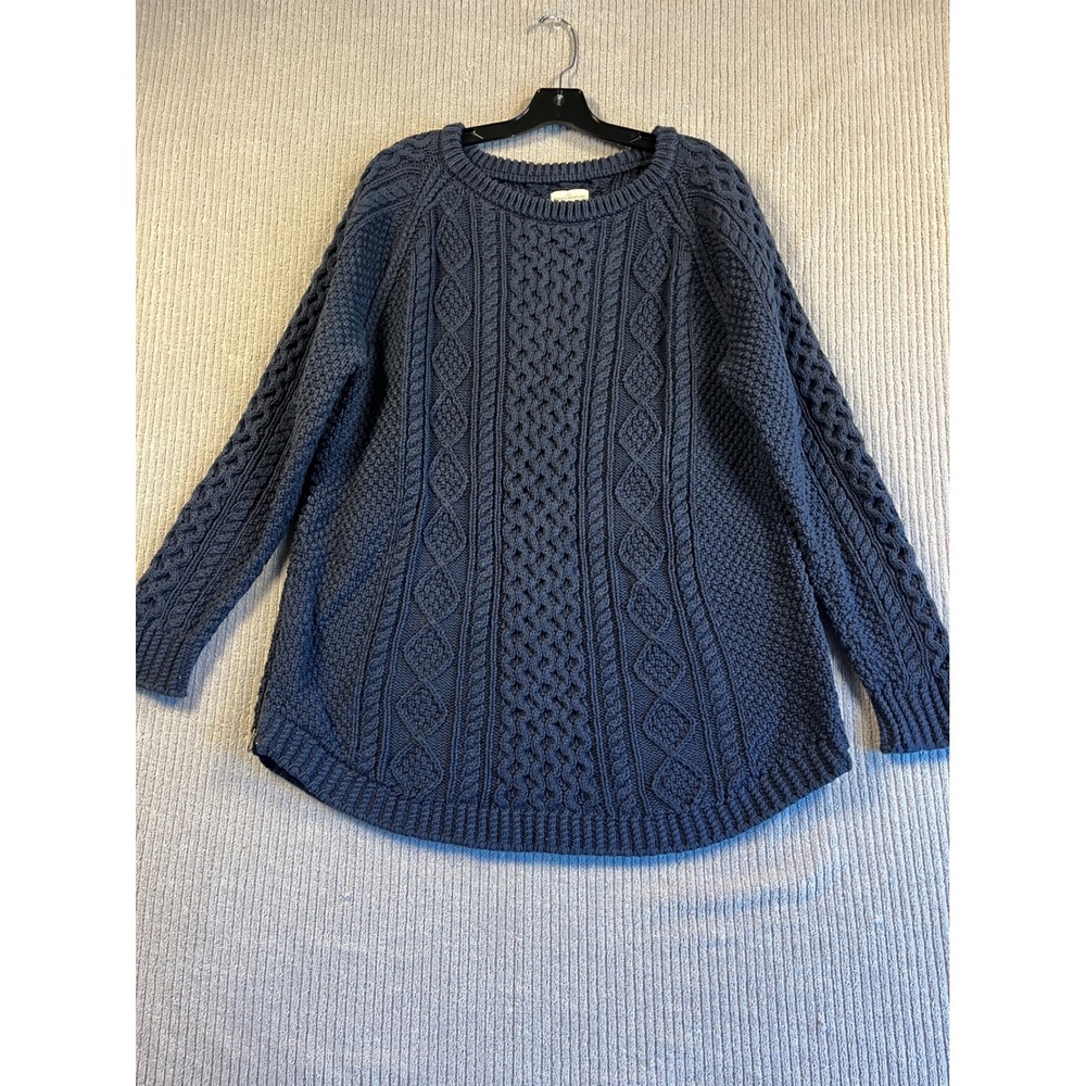 L.L. Bean Signature Sweater Womens L Fisherman Blue Cable Knit Thick Pullover